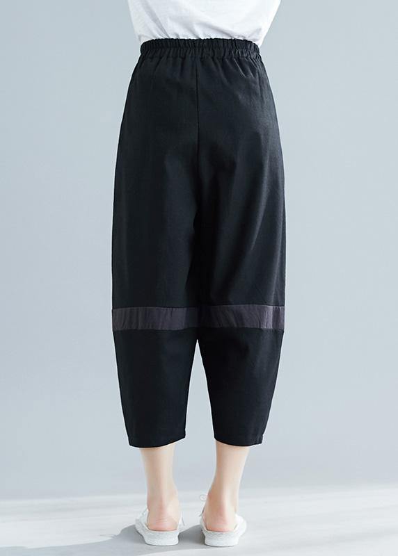 summer new black blended cotton pants elastic women casual crop pants - SooLinen
