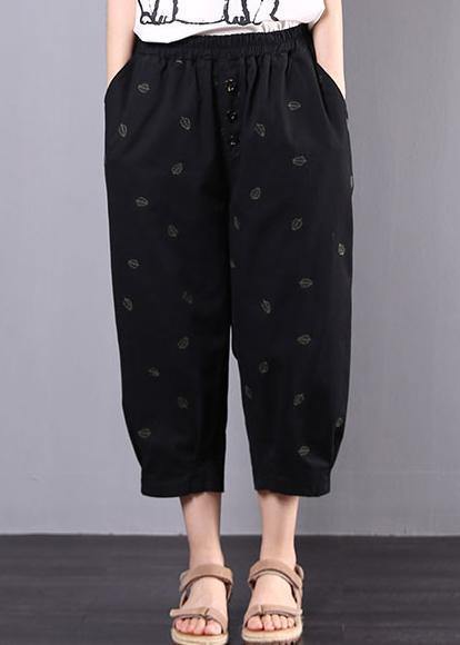 summer new black vintage leaf embroidery seven points elastic waist casual pants - SooLinen