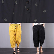 summer new black vintage leaf embroidery seven points elastic waist casual pants - SooLinen