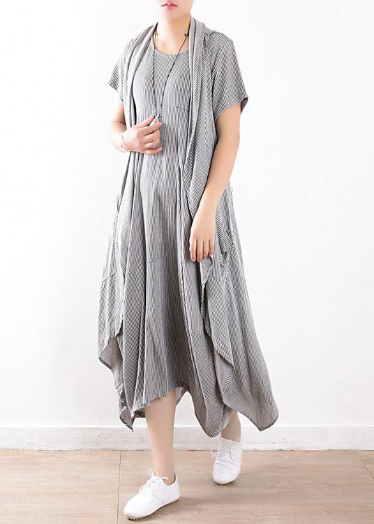 summer new gray original design striped dress long dresses and vest outside wearing casual suit - SooLinen