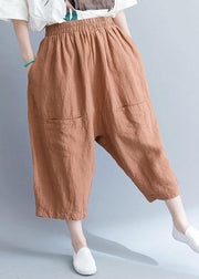 summer new khaki cotton linen pants plus size elastic waist crop pants - SooLinen