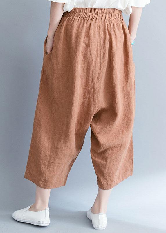 summer new khaki cotton linen pants plus size elastic waist crop pants - SooLinen