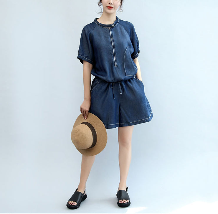 summer new navy stylish cotton short sleeve tops and casual jumpsuit shorts