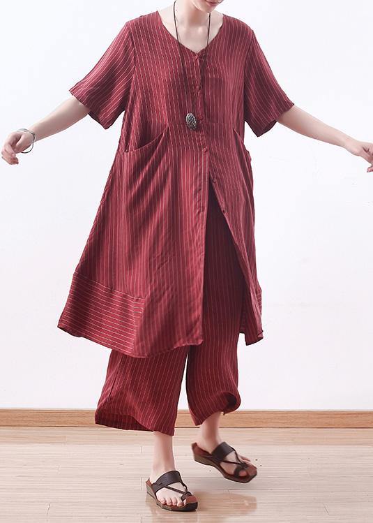 summer new silk plus size two pieces striped tops and women elastic waist wide leg pants - SooLinen