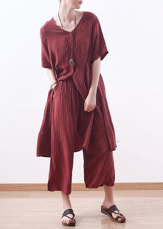 summer new silk plus size two pieces striped tops and women elastic waist wide leg pants - SooLinen