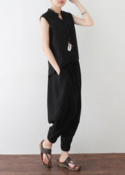 summer new sleeveless pullover tops with elastic waist pants - SooLinen