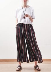 summer striped casual chiffon plus size elastic waist wide leg pants - SooLinen