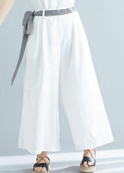 summer white casual cotton trousers loose women tie waist wide leg pants - SooLinen
