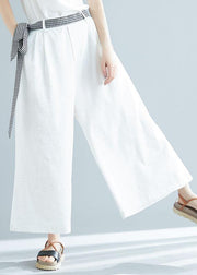 summer white casual cotton trousers loose women tie waist wide leg pants - SooLinen