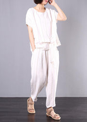 summer white striped linen tie hem tops and elastic waist pants two pieces - SooLinen