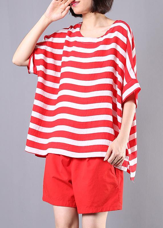 summer women two pieces red striped o neck tops and casual shorts - SooLinen