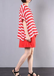 summer women two pieces red striped o neck tops and casual shorts - SooLinen
