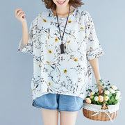 Summer White Print Silk Tops Plus Size Tie Bust Short Sleeve T Shirt