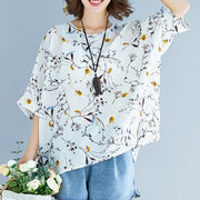 Sommerweißes bedrucktes Seidenoberteil Plus Size Tie Bust Kurzarm-T-Shirt