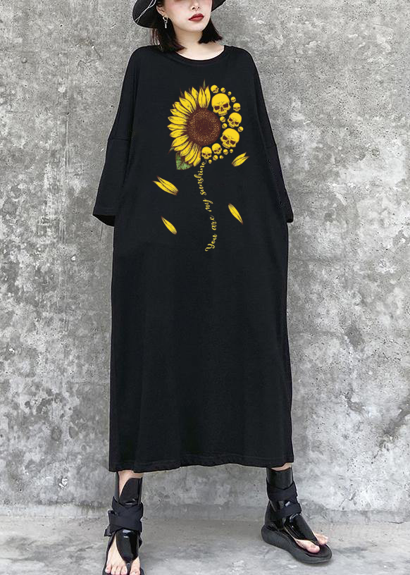 2022 Love Sunflower Black Maxi Dress Street Style Outfits