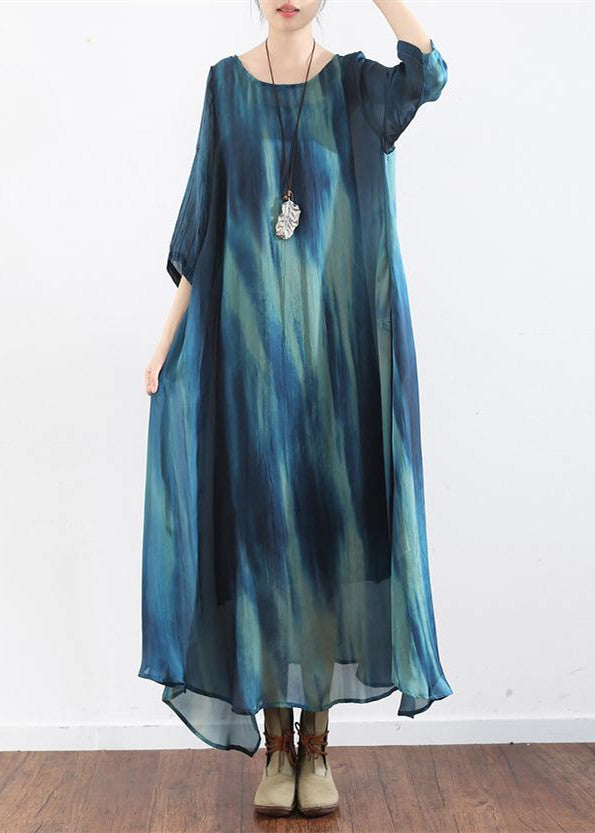 the sea blue print silk dresses plus size causal long silk caftans oversize gowns bracelet sleeves