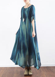 the sea blue print silk dresses plus size causal long silk caftans oversize gowns bracelet sleeves
