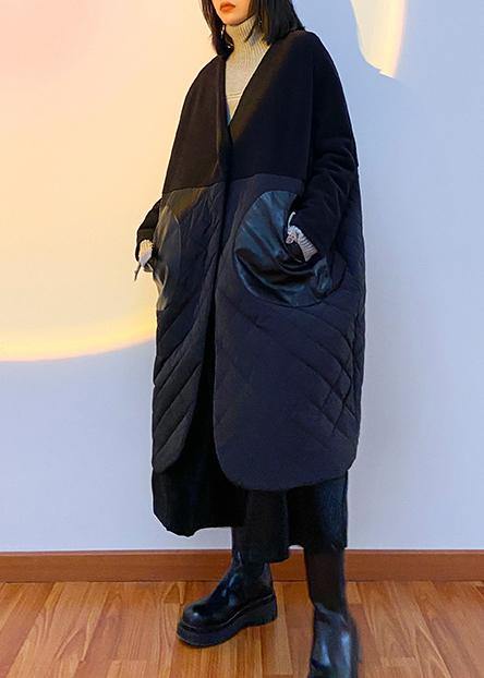 thick black overcoat clothing down jacket v neck patchwork winter coats - SooLinen