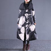 thick black print down jacket plus size stand collar Puffers Jackets pockets zippered long down coats