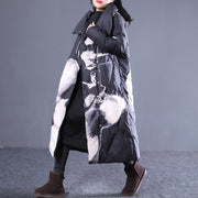 thick black print down jacket plus size stand collar Puffers Jackets pockets zippered long down coats