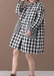 thick black white plaid winter coats plus size warm stand collar pockets overcoat - SooLinen