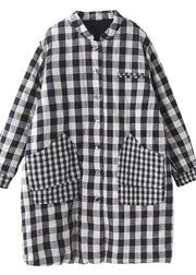 thick black white plaid winter coats plus size warm stand collar pockets overcoat - SooLinen