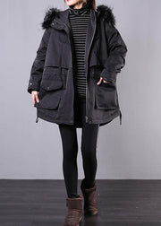 thick black winter parkas oversize down jacket hooded fur collar overcoat - SooLinen