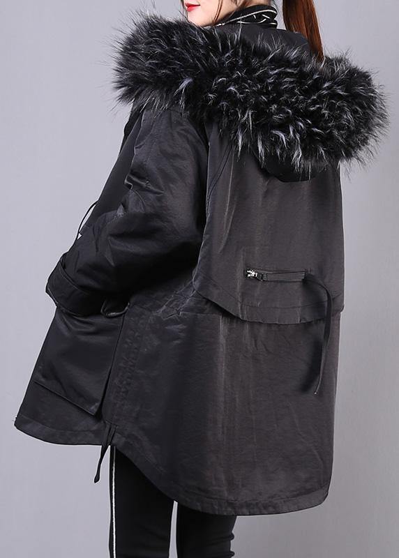 thick black winter parkas oversize down jacket hooded fur collar overcoat - SooLinen
