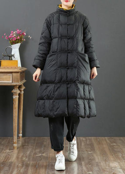 fine  Loose fitting long coat winter jacket black stand collar Chinese Button woolen outwear - SooLinen