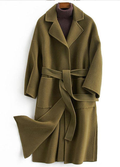 fine Loose fitting long coat tie waist green Notched woolen outwear - SooLinen
