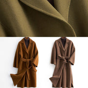fine Loose fitting long coat tie waist green Notched woolen outwear - SooLinen