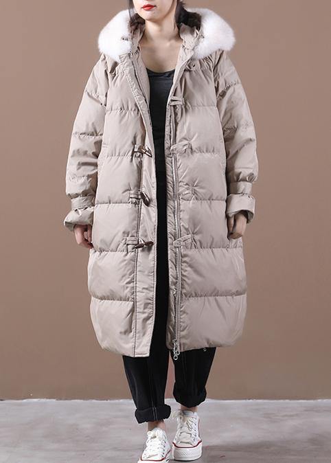Loose fitting snow jackets pocket outwear khaki hooded fur collar down coats - SooLinen