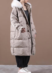Loose fitting snow jackets pocket outwear khaki hooded fur collar down coats - SooLinen