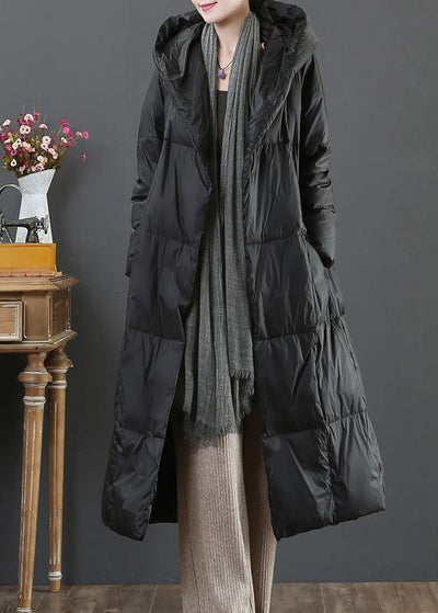 fine Loose fitting snow jackets winter outwear black hooded pockets goose Down coat - SooLinen