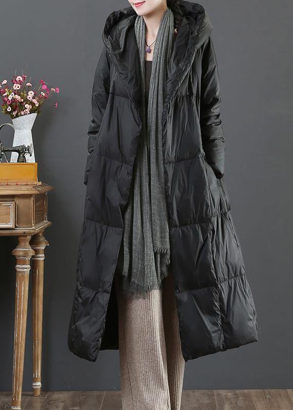 fine Loose fitting snow jackets winter outwear black hooded pockets goose Down coat - SooLinen
