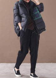 Loose fitting womens parka Jackets blackish green stand collar patchwork warm winter coat - SooLinen
