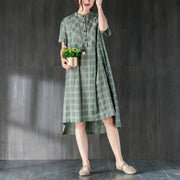 feines Midi-Baumwollkleid plus Größenkleidung Lattice Summer Green Damenkleid mit Knopf
