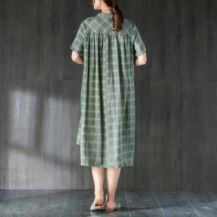 fine Midi-length cotton dress plus size clothing Lattice Summer Green Women Dress with Button