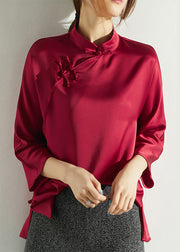 Fine Red Mandarin Collar side open Silk Shirt Three Quarter sleeve