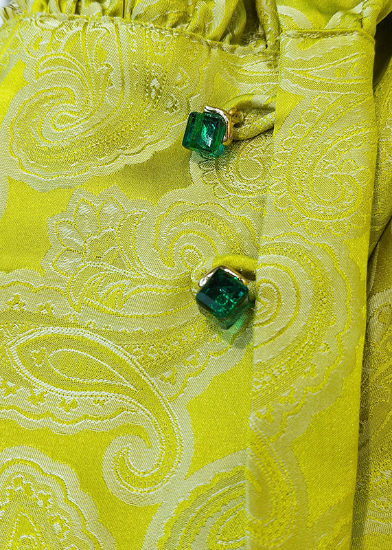 Fine Yellow Stand Collar Jacquard Silk Blouses Long Sleeve