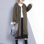 fine army green coat plus size stand collar long coat New Cinched baggy trench coat