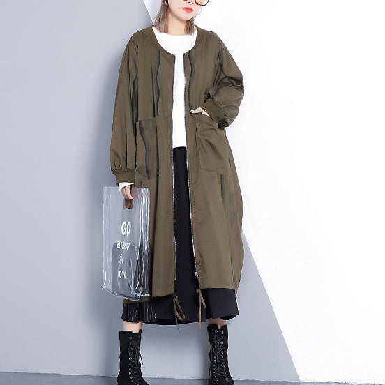 fine army green coat plus size stand collar long coat New Cinched baggy trench coat