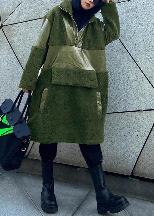 army green wool coat trendy plus size winter lapel patchwork PU jacket - SooLinen