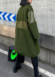 army green wool coat trendy plus size winter lapel patchwork PU jacket - SooLinen