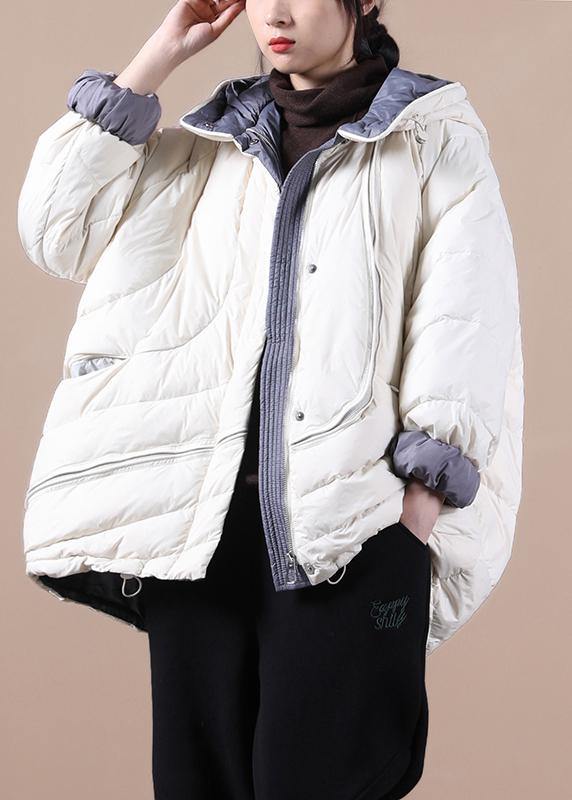 beige down jacket woman trendy plus size down jacket hooded pockets Casual overcoat - SooLinen