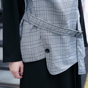 fine black Plaid cotton tops plus size O neck traveling fine patchwork asymmetric cotton tops
