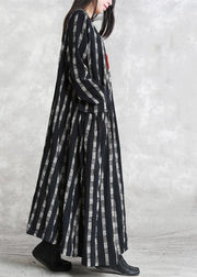 fine black Plaid natural linen dress plus size O neck patchwork linen maxi dress 2018 long sleeve pockets dresses