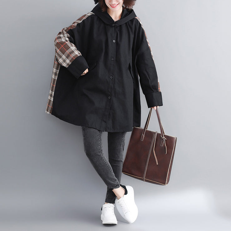 fine black cotton coat for woman plussize hooded medium length jackets patchwork jacket