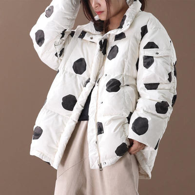 black dotted duck down coat plus size down jacket stand collar zippered Elegant coats - SooLinen
