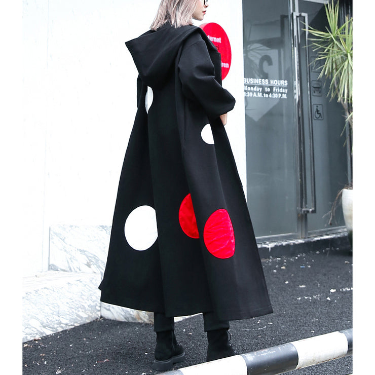 fine black dotted long coat plus size hooded maxi coat women side open baggy coats